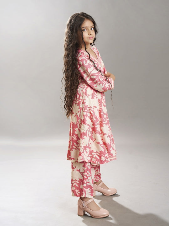 Bitiya by Bhama Girls Pink Angrakha Kurta with Trousers