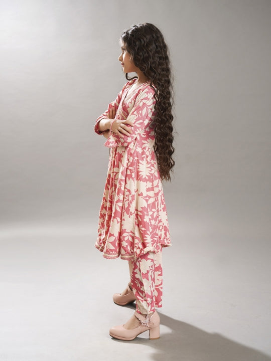 Bitiya by Bhama Girls Pink Angrakha Kurta with Trousers