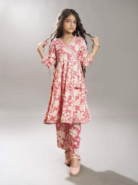 Bitiya by Bhama Girls Pink Angrakha Kurta with Trousers