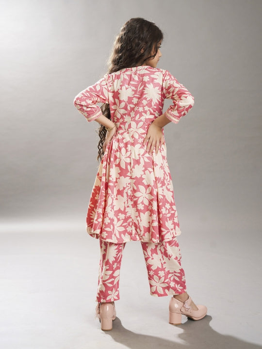 Bitiya by Bhama Girls Pink Angrakha Kurta with Trousers