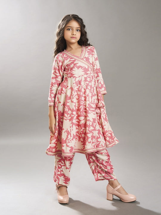 Bitiya by Bhama Girls Pink Angrakha Kurta with Trousers