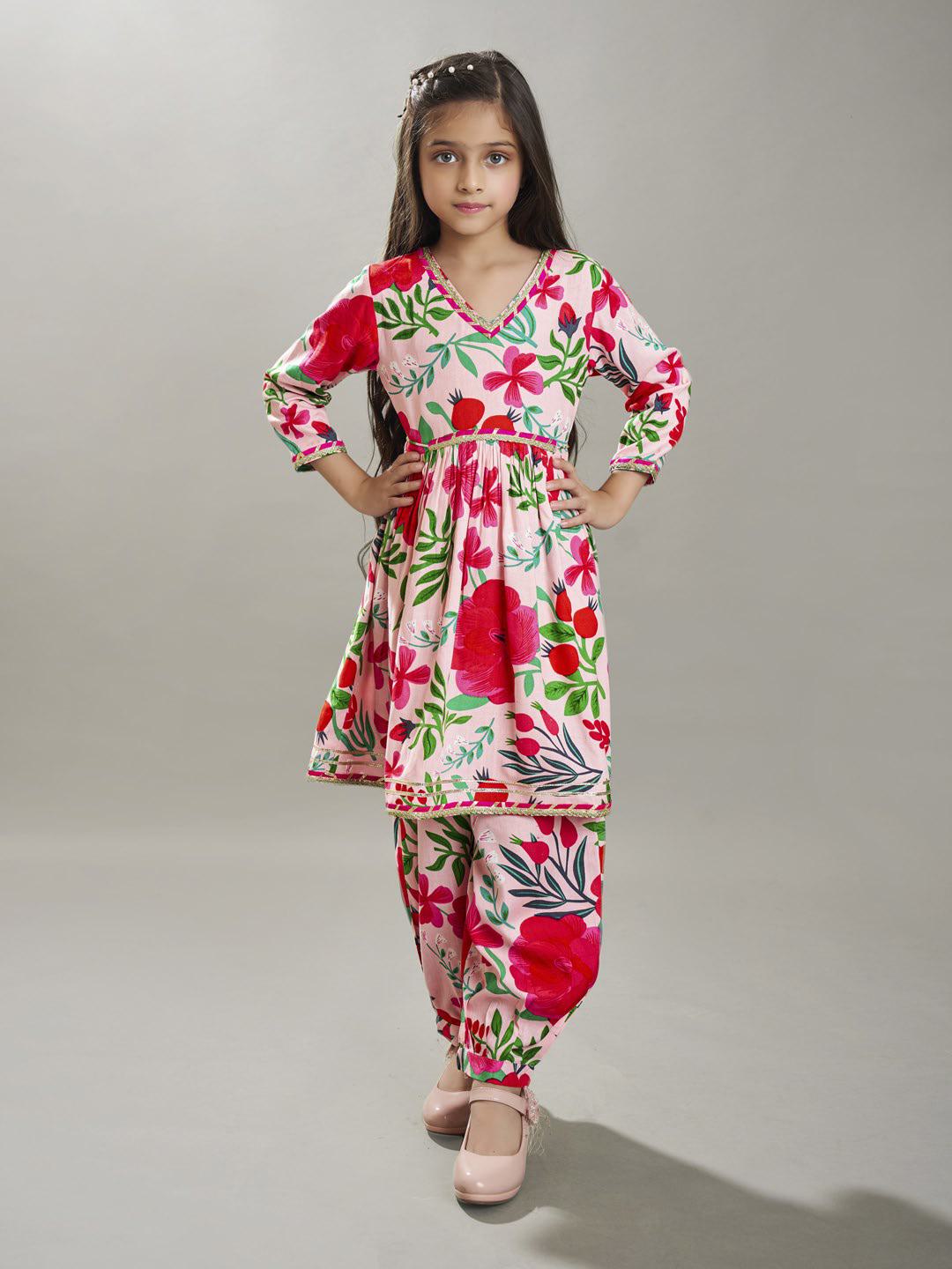Bitiya by Bhama Girls  Maroon Ethnic motifs printed design crop top With Palazzos
