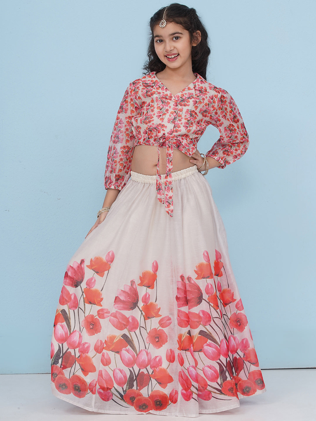 Bitiya by Bhama Girls Indo-Western Grey & Pink Tulip Flower Digital Printed Lehenga Choli.