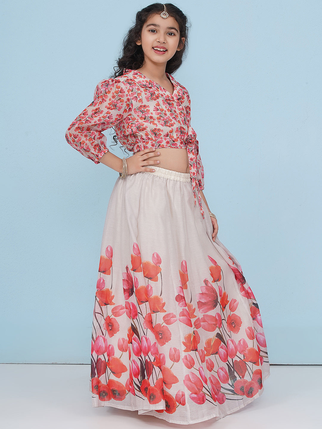 Bitiya by Bhama Girls Indo-Western Grey & Pink Tulip Flower Digital Printed Lehenga Choli.