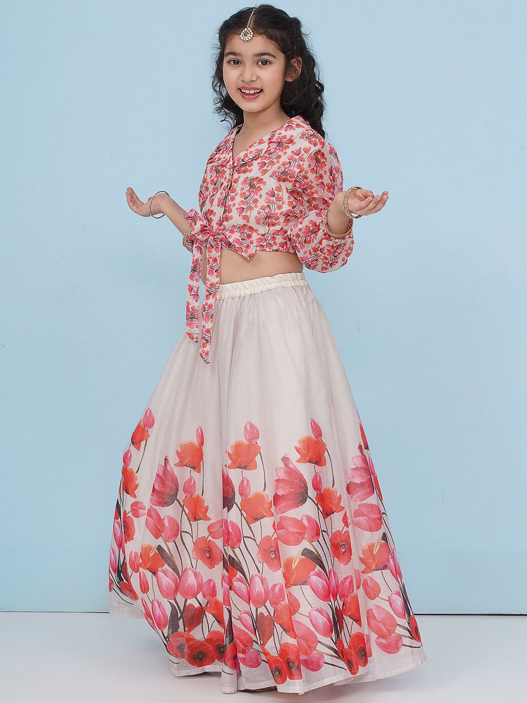 Bitiya by Bhama Girls Indo-Western Grey & Pink Tulip Flower Digital Printed Lehenga Choli.