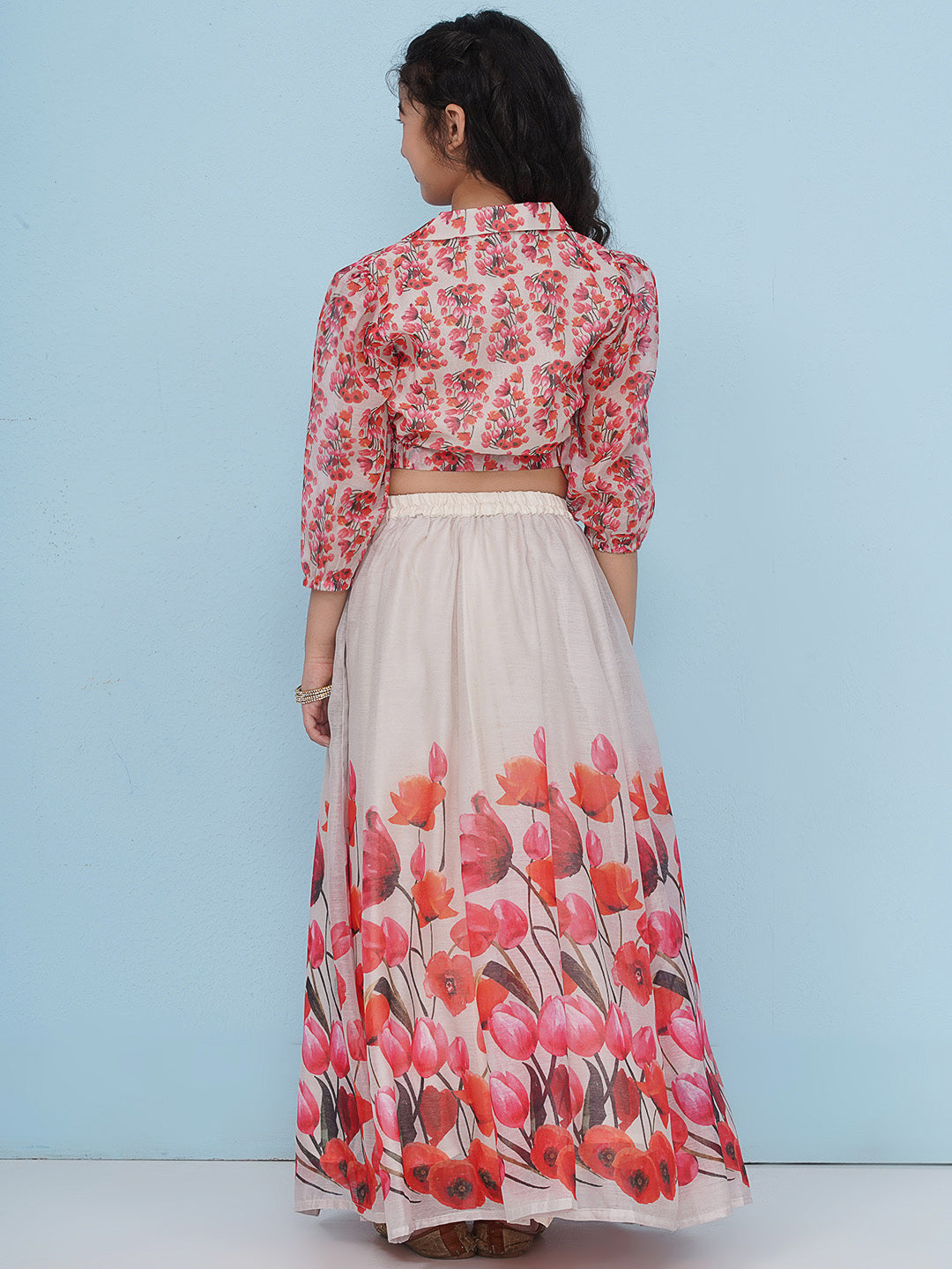 Bitiya by Bhama Girls Indo-Western Grey & Pink Tulip Flower Digital Printed Lehenga Choli.