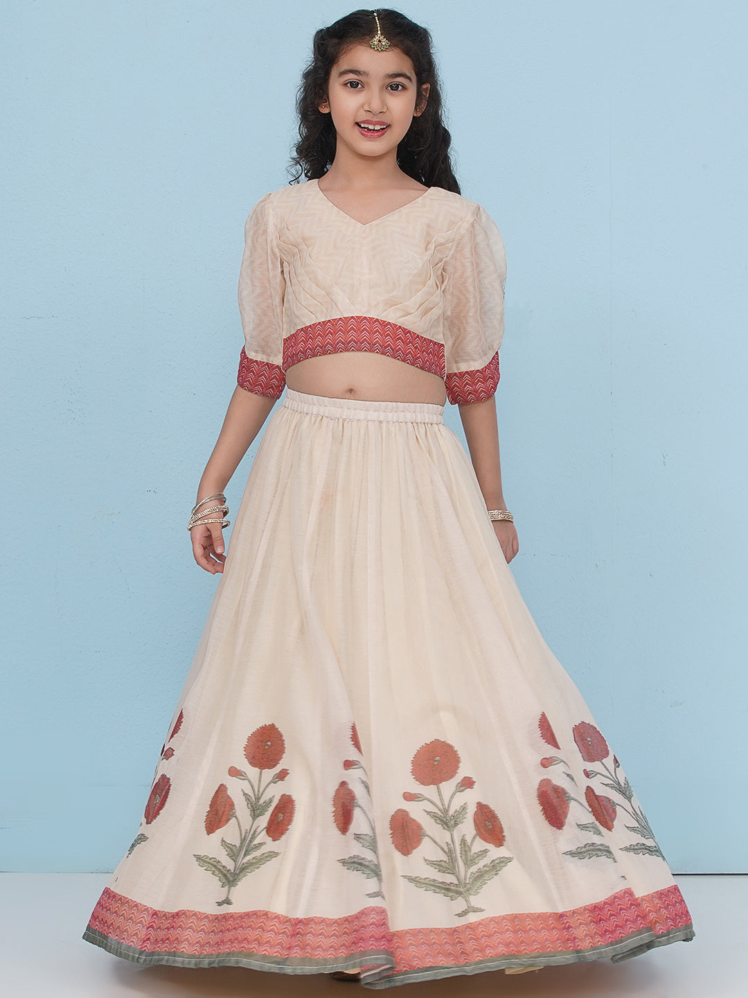 Bitiya by Bhama Indo-Western Girls Beige Zig Zag Choli Ready to Wear Lehenga