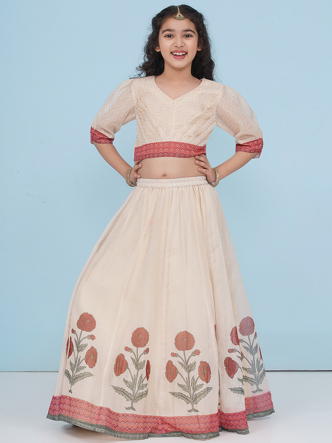 Bitiya by Bhama Indo-Western Girls Beige Zig Zag Choli Ready to Wear Lehenga