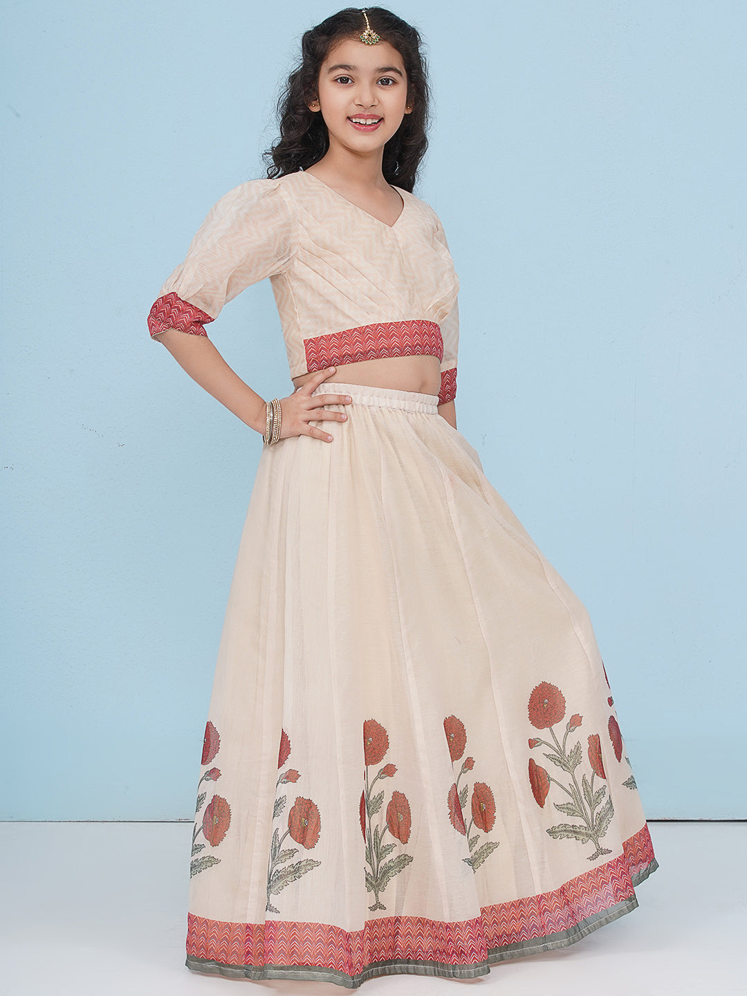 Bitiya by Bhama Indo-Western Girls Beige Zig Zag Choli Ready to Wear Lehenga