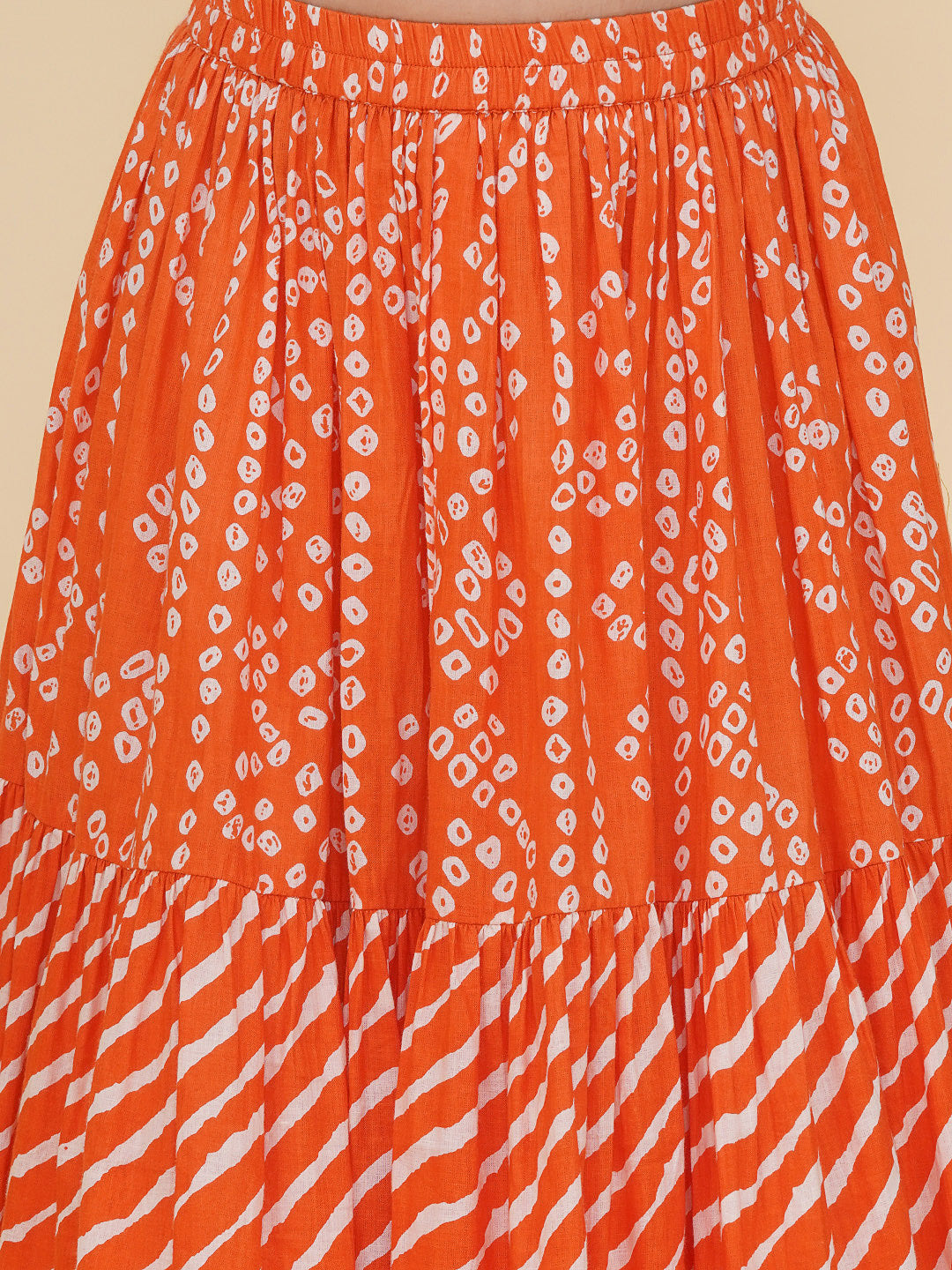 Bitiya by Bhama Girls Boho Design Pink Embroidered Choli Orange Bandhej Leheriya Ready to Wear Lehenga With Dupatta