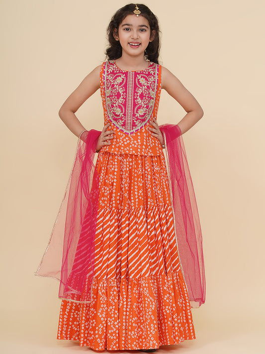 Bitiya by Bhama Girls Boho Design Pink Embroidered Choli Orange Bandhej Leheriya Ready to Wear Lehenga With Dupatta