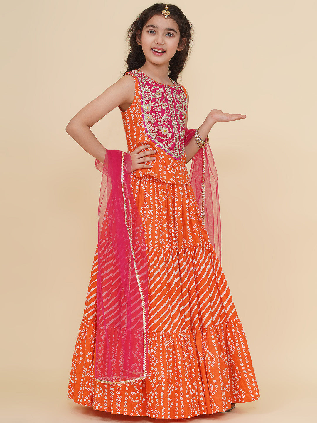 Bitiya by Bhama Girls Boho Design Pink Embroidered Choli Orange Bandhej Leheriya Ready to Wear Lehenga With Dupatta