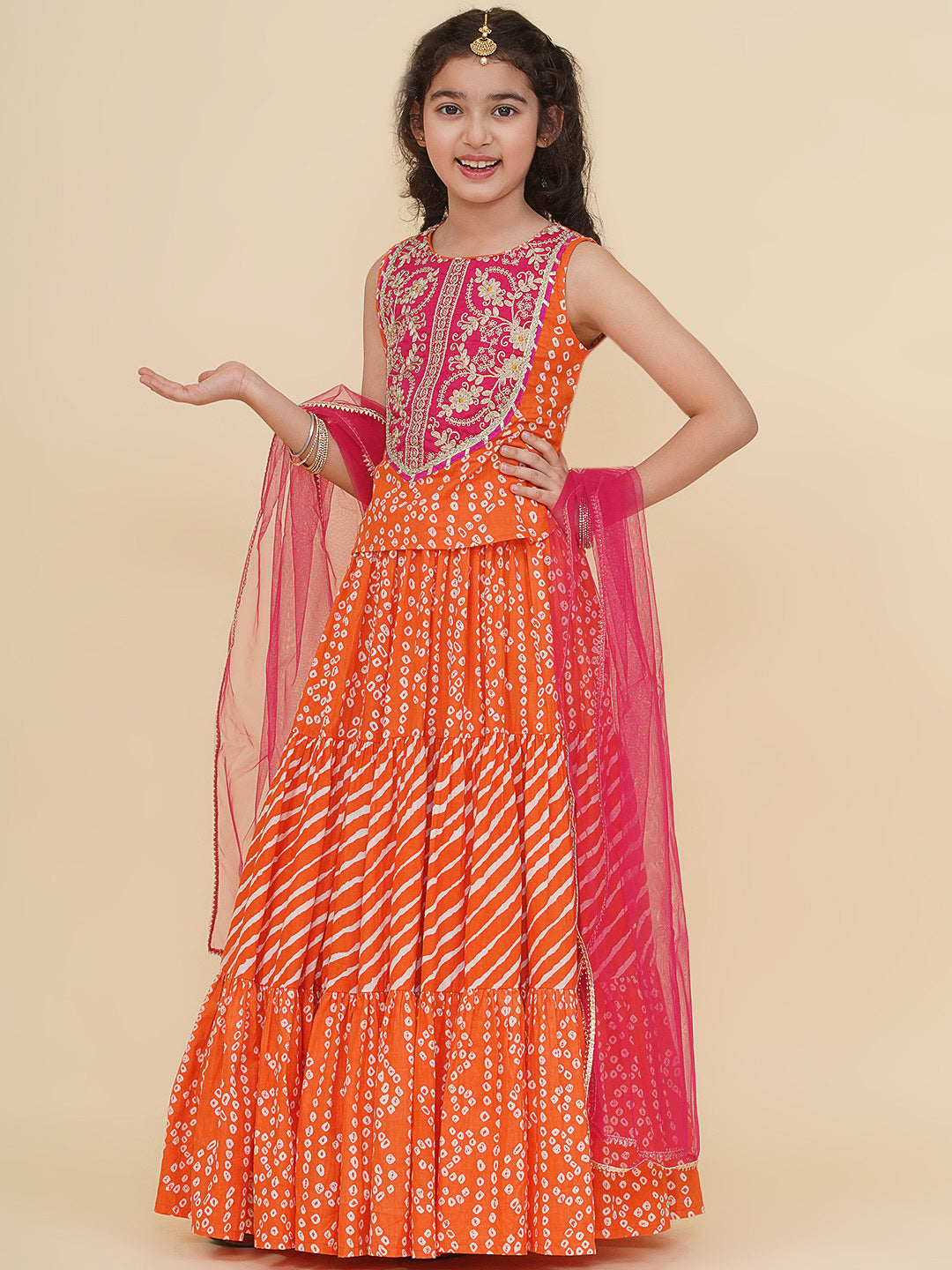 Bitiya by Bhama Girls Boho Design Pink Embroidered Choli Orange Bandhej Leheriya Ready to Wear Lehenga With Dupatta