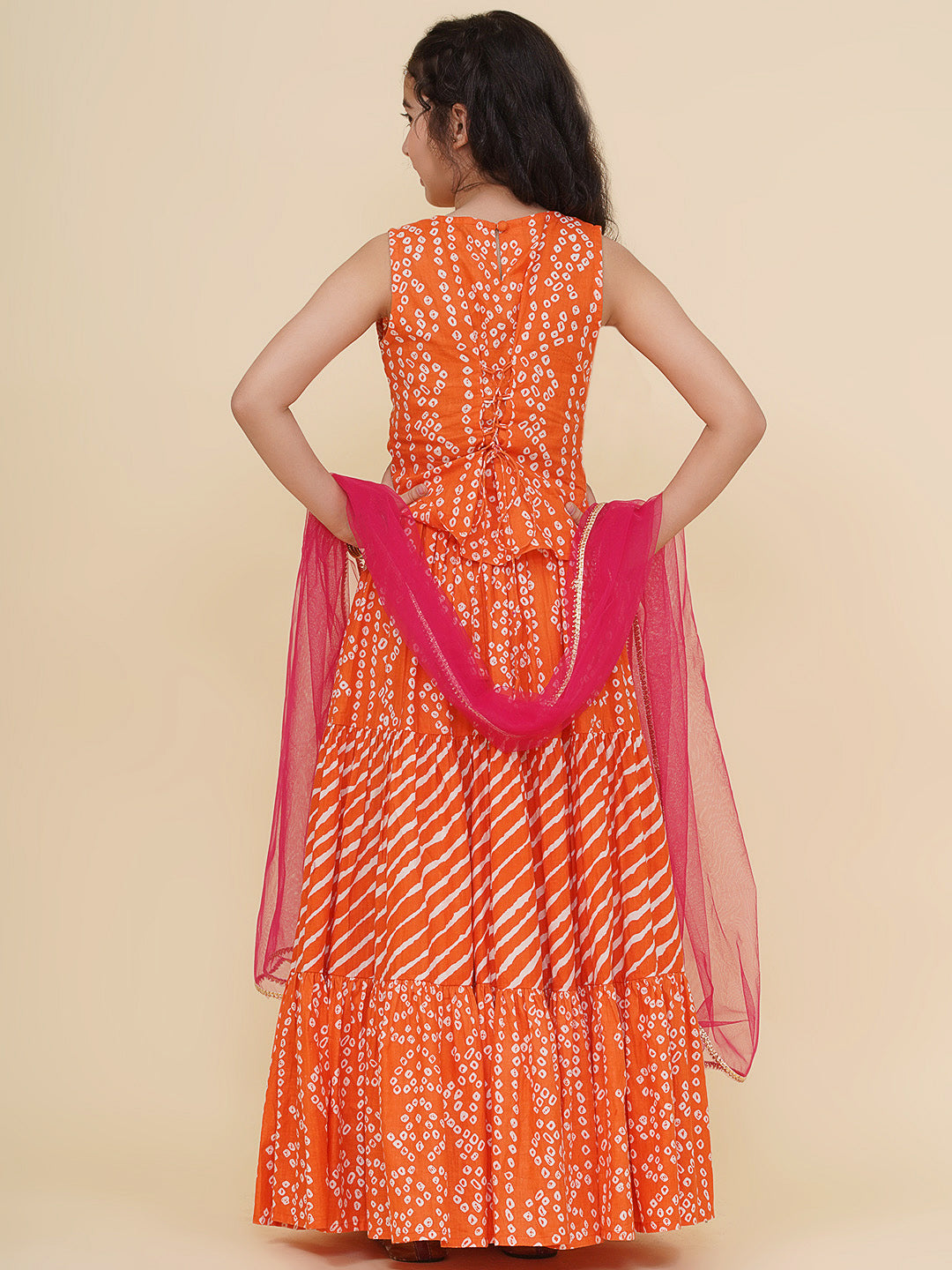 Bitiya by Bhama Girls Boho Design Pink Embroidered Choli Orange Bandhej Leheriya Ready to Wear Lehenga With Dupatta
