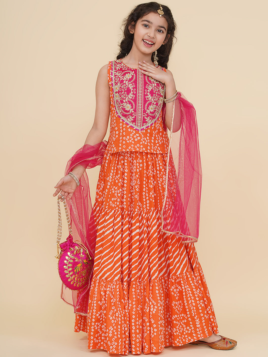 Bitiya by Bhama Girls Boho Design Pink Embroidered Choli Orange Bandhej Leheriya Ready to Wear Lehenga With Dupatta