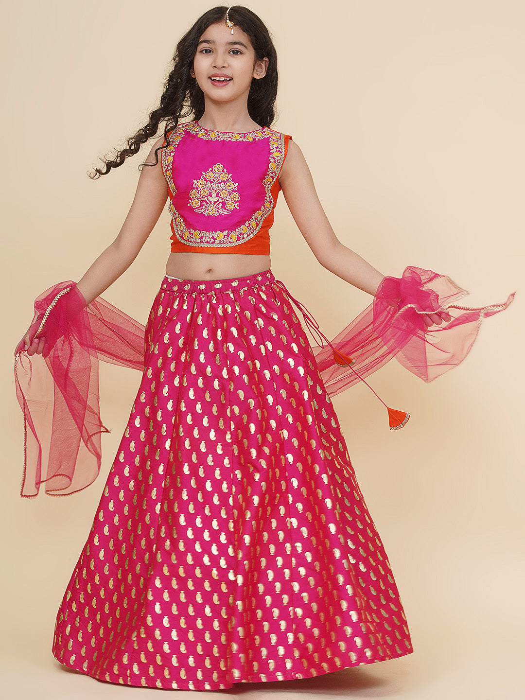 Bitiya by Bhama Girls Orange & Pink Embroidered Choli & Ready to Wear Lehenga With Dupatta