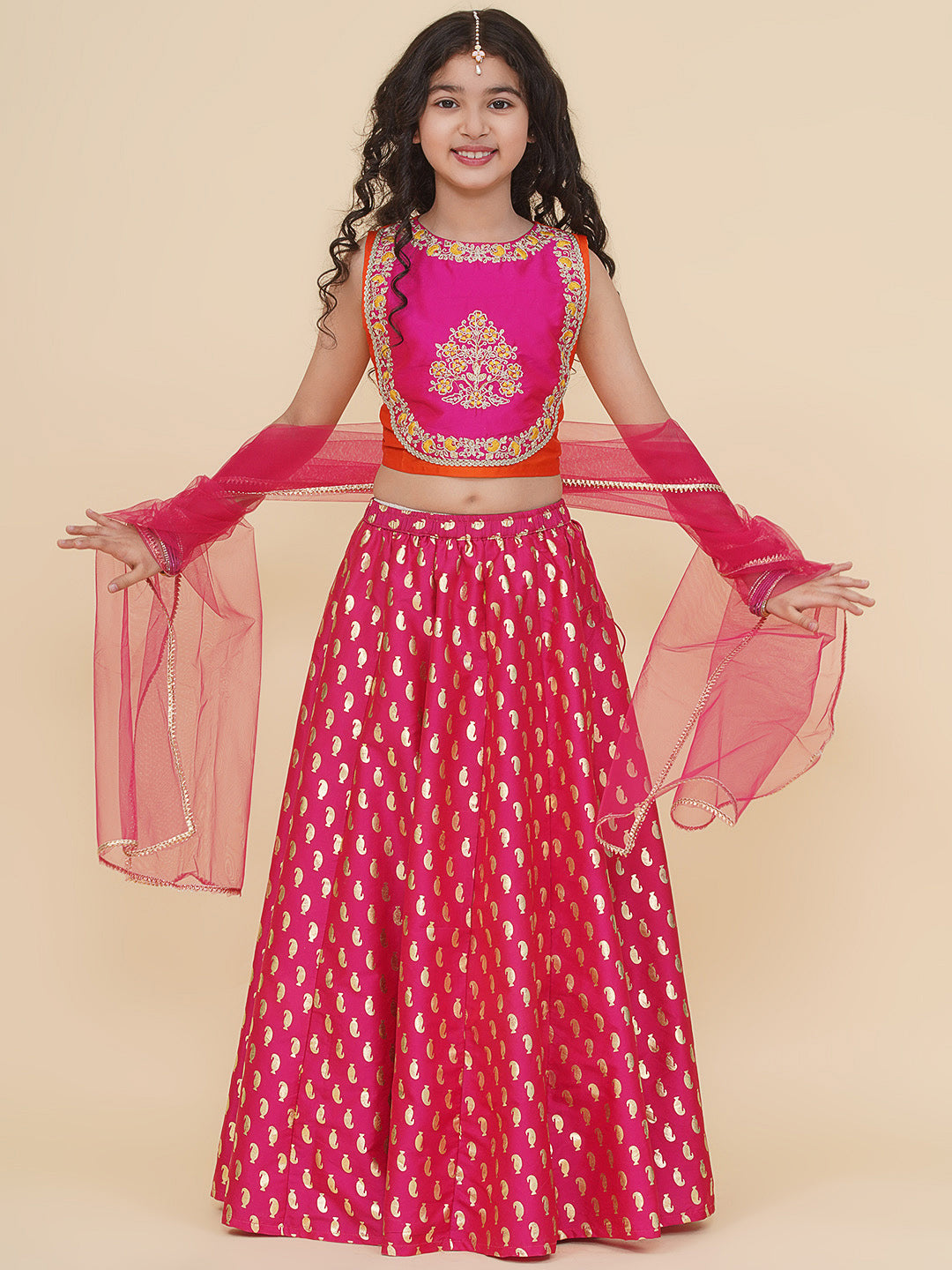 Bitiya by Bhama Girls Orange & Pink Embroidered Choli & Ready to Wear Lehenga With Dupatta