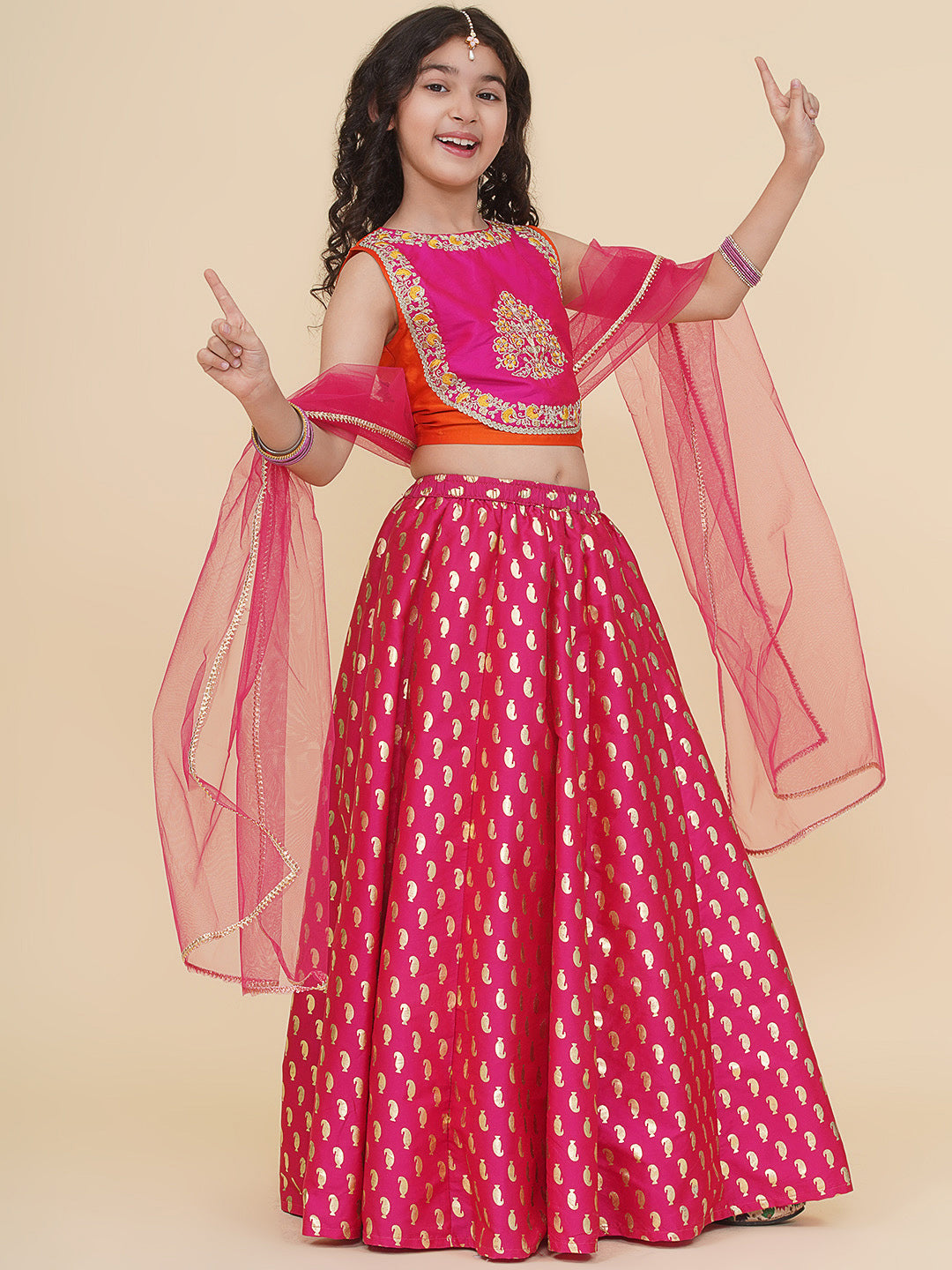 Bitiya by Bhama Girls Orange & Pink Embroidered Choli & Ready to Wear Lehenga With Dupatta
