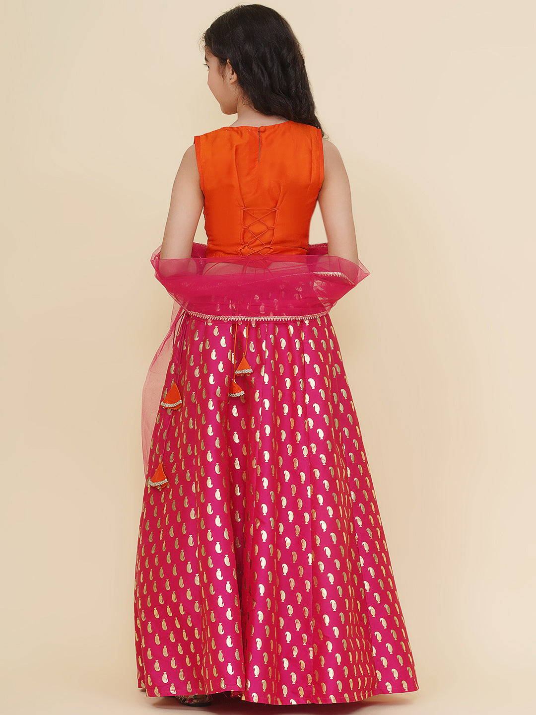 Bitiya by Bhama Girls Orange & Pink Embroidered Choli & Ready to Wear Lehenga With Dupatta