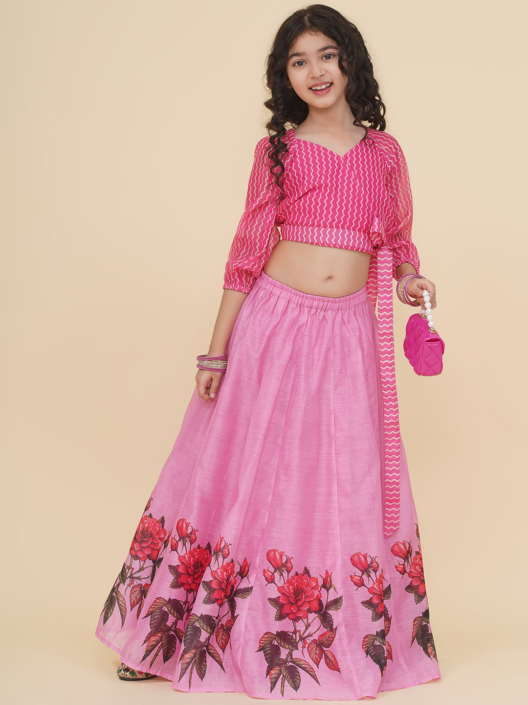 Bitiya by Bhama Girls Pink Zig Zag Printed Choli & Ready to Wear Lehenga
