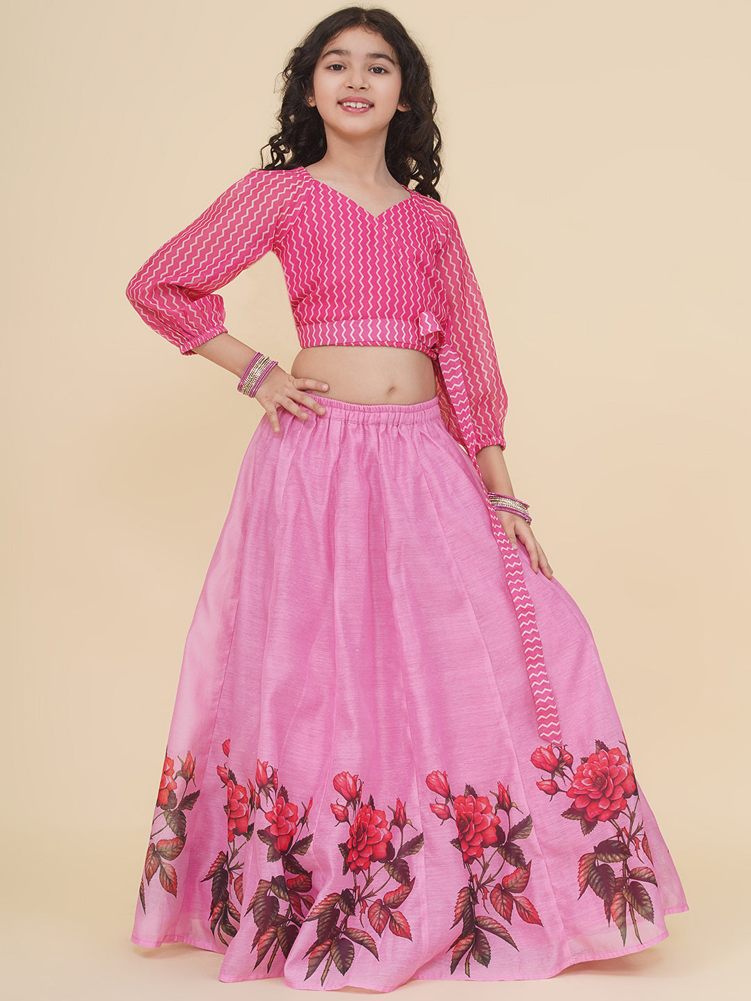 Bitiya by Bhama Girls Pink Zig Zag Printed Choli & Ready to Wear Lehenga