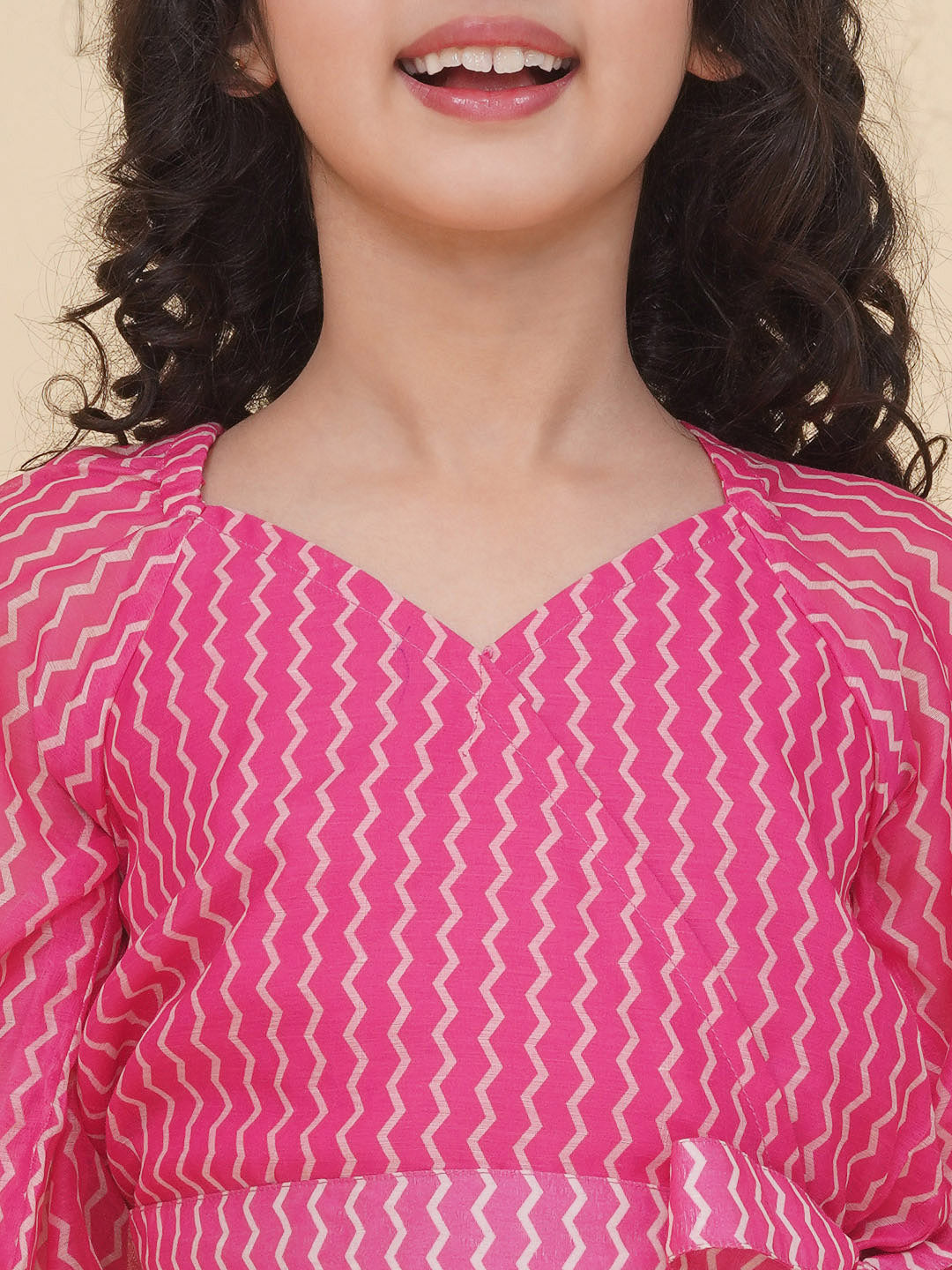 Bitiya by Bhama Girls Pink Zig Zag Printed Choli & Ready to Wear Lehenga