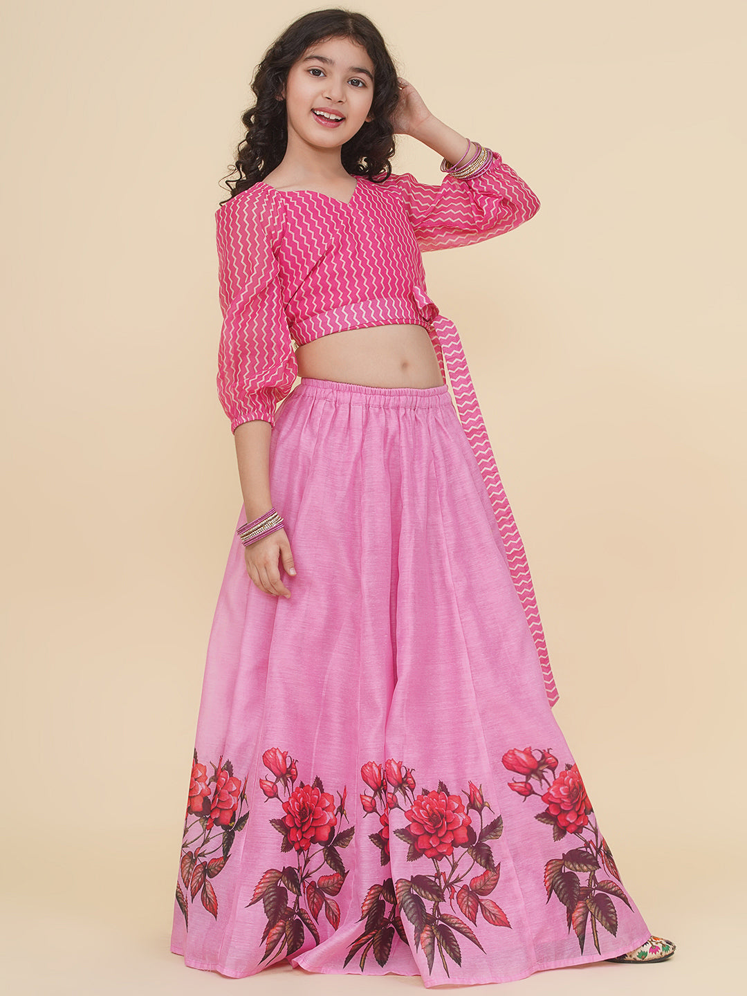 Bitiya by Bhama Girls Pink Zig Zag Printed Choli & Ready to Wear Lehenga