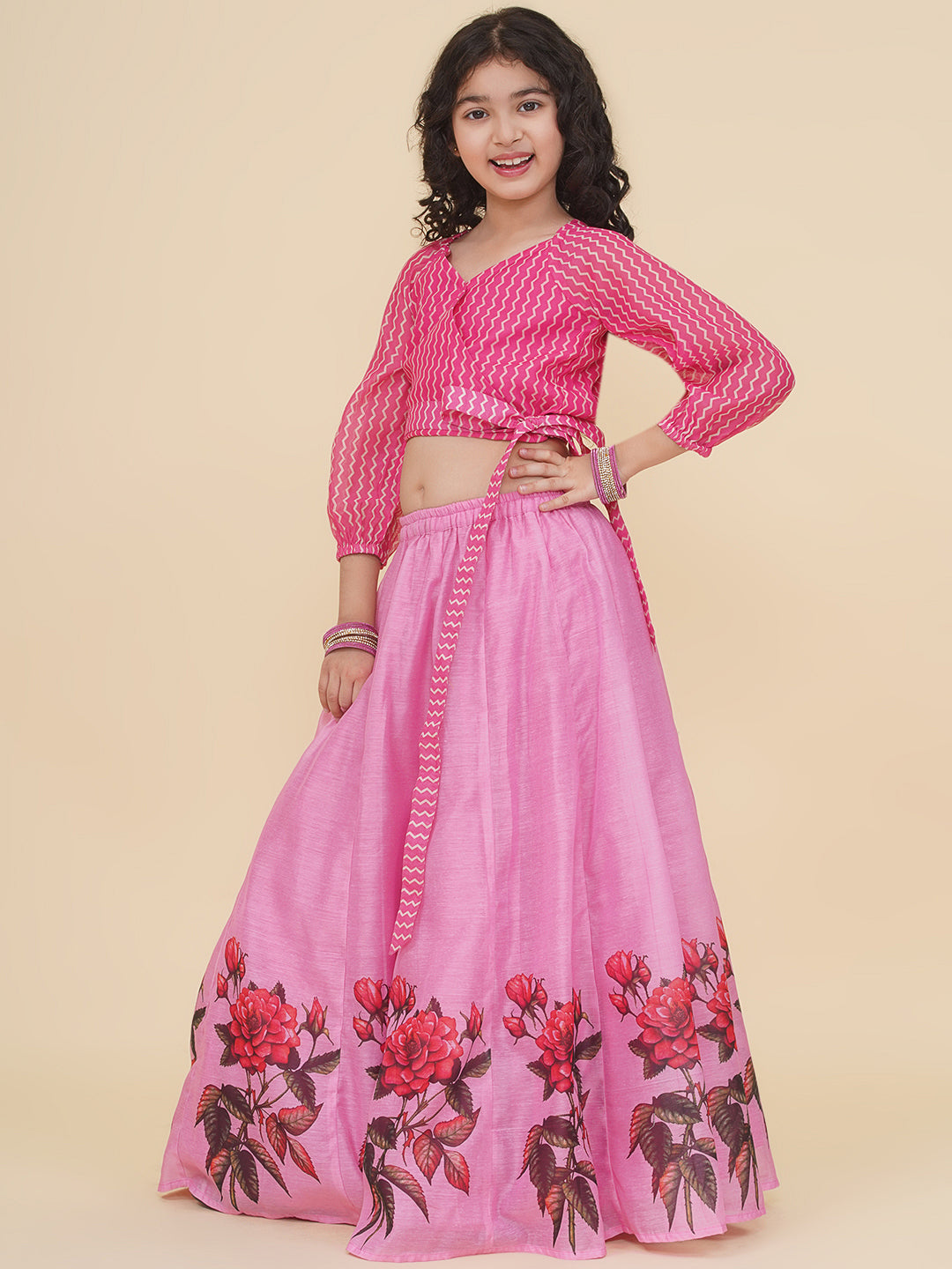 Bitiya by Bhama Girls Pink Zig Zag Printed Choli & Ready to Wear Lehenga