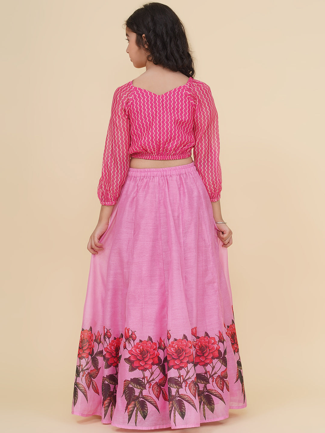 Bitiya by Bhama Girls Pink Zig Zag Printed Choli & Ready to Wear Lehenga