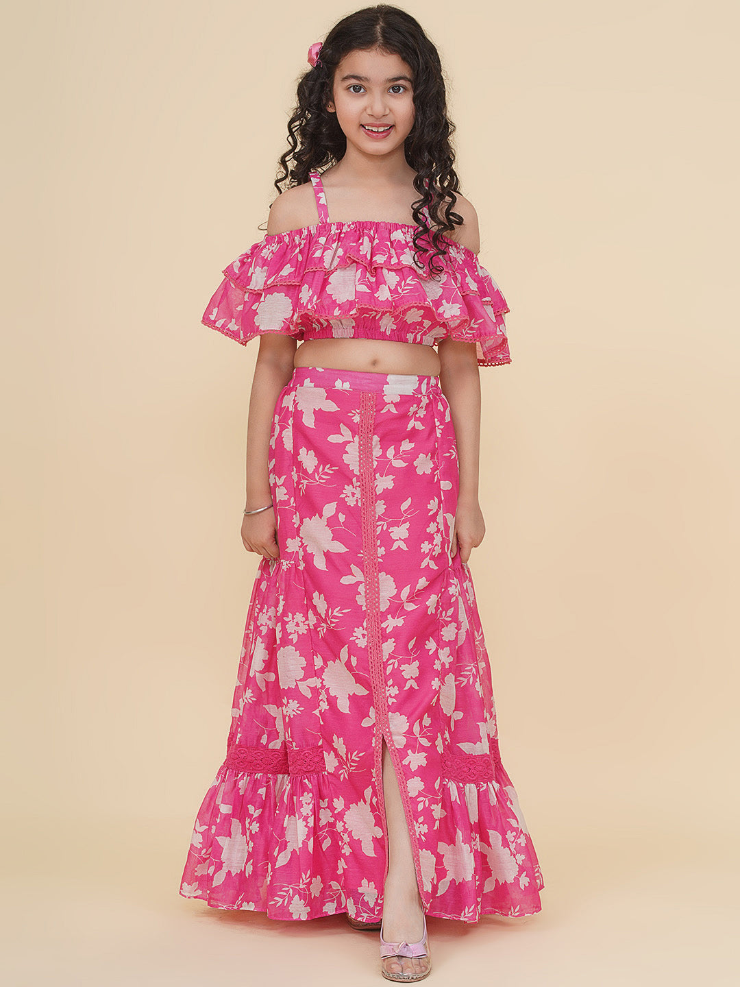 Bitiya by Bhama Girls Pink & White Printed Top Ready to Wear Skirt.