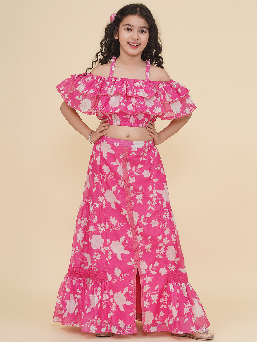 Bitiya by Bhama Girls Pink & White Printed Top Ready to Wear Skirt.