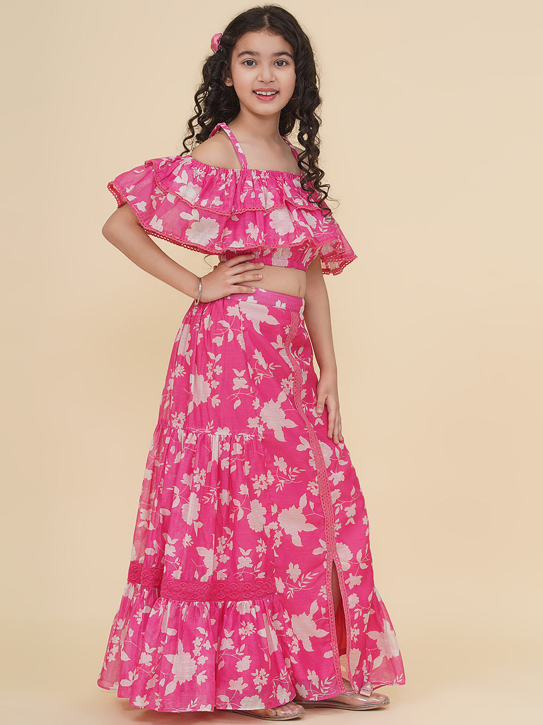 Bitiya by Bhama Girls Pink & White Printed Top Ready to Wear Skirt.
