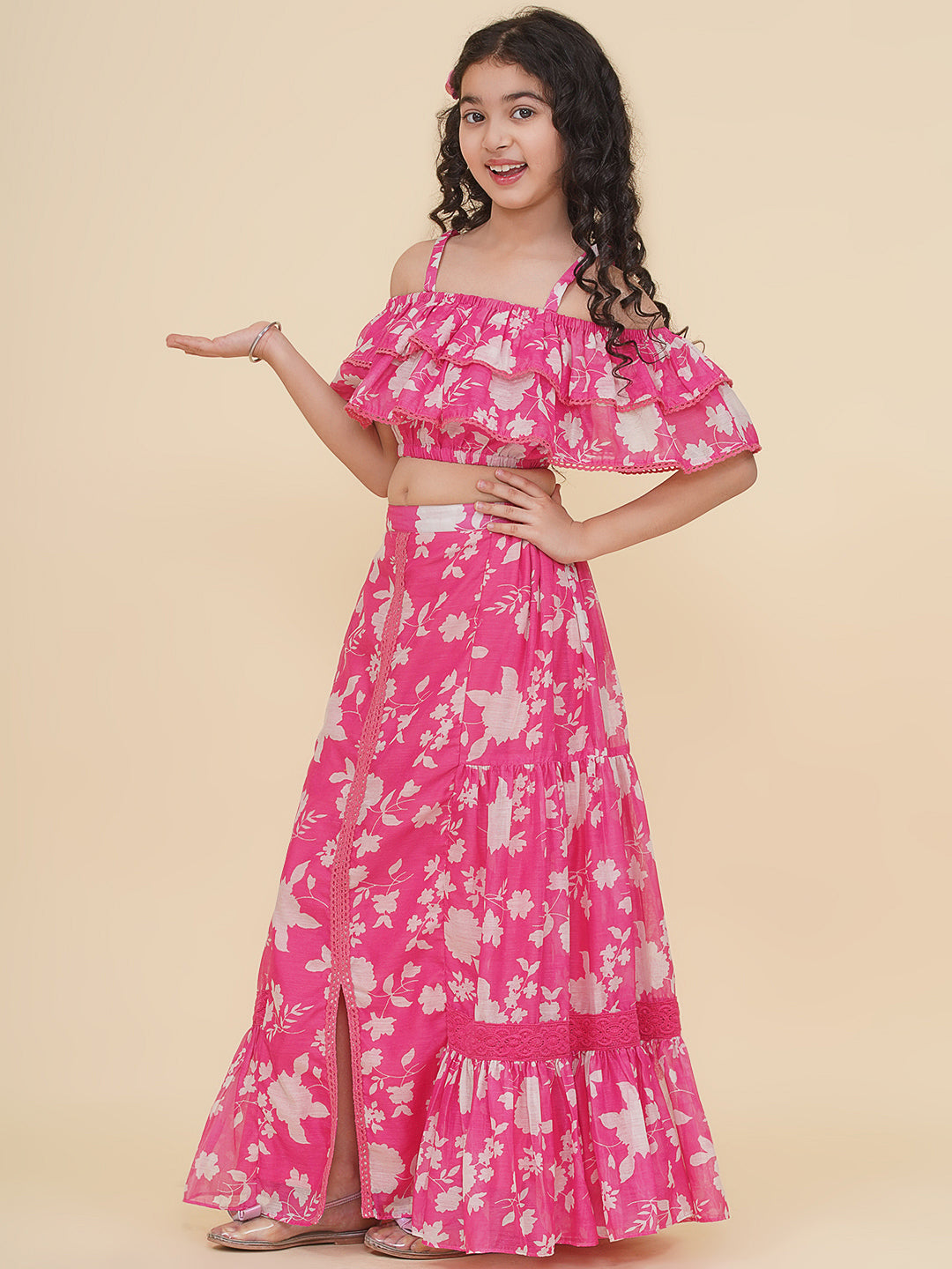 Bitiya by Bhama Girls Pink & White Printed Top Ready to Wear Skirt.