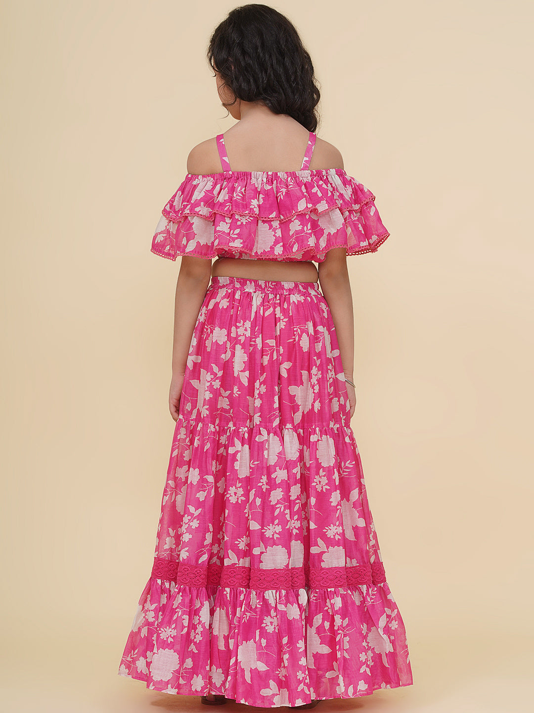 Bitiya by Bhama Girls Pink & White Printed Top Ready to Wear Skirt.