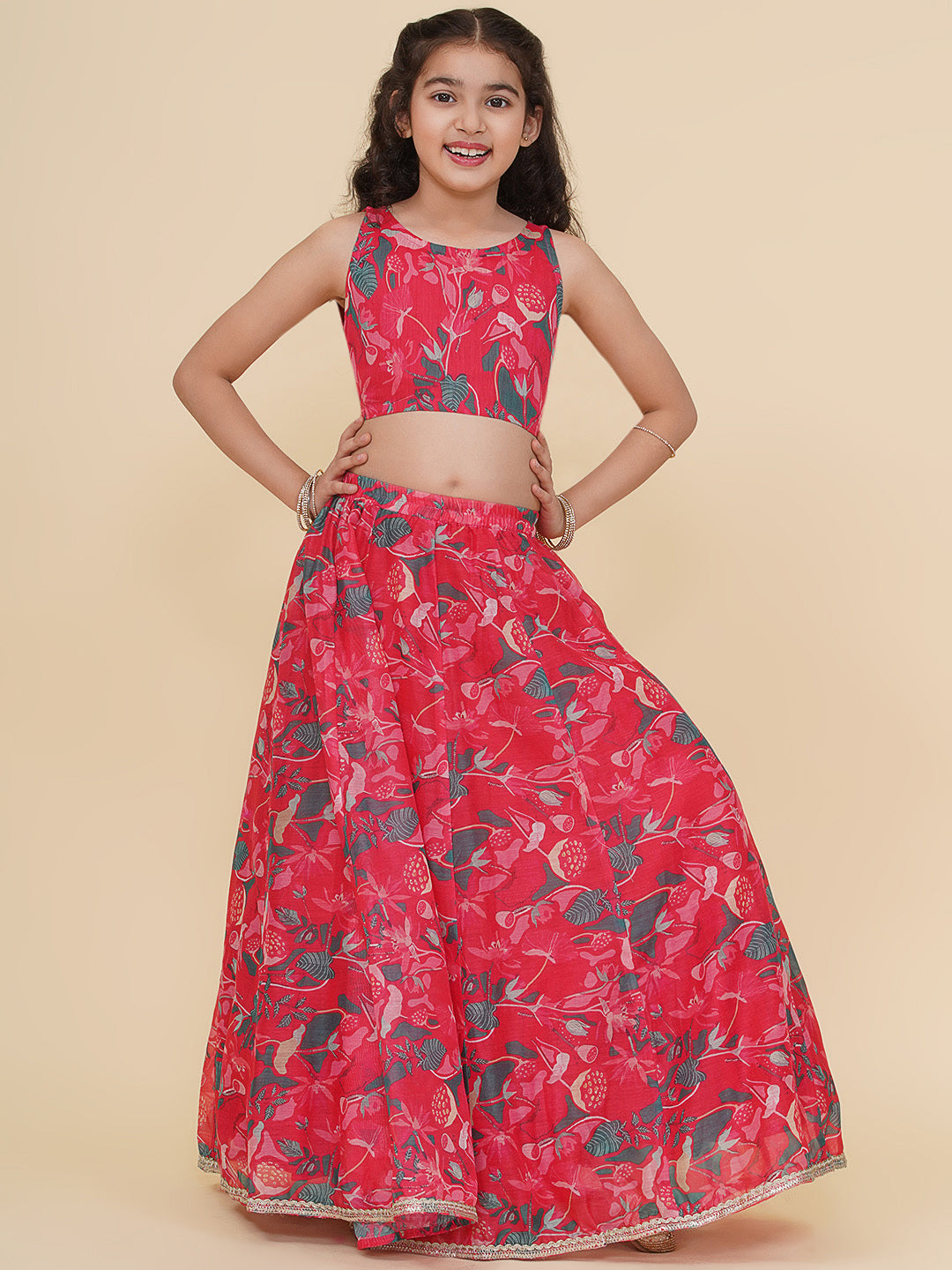Bitiya by Bhama Girls Pink & Green Printed Choli Cape style Pink Ready to Wear Lehenga.