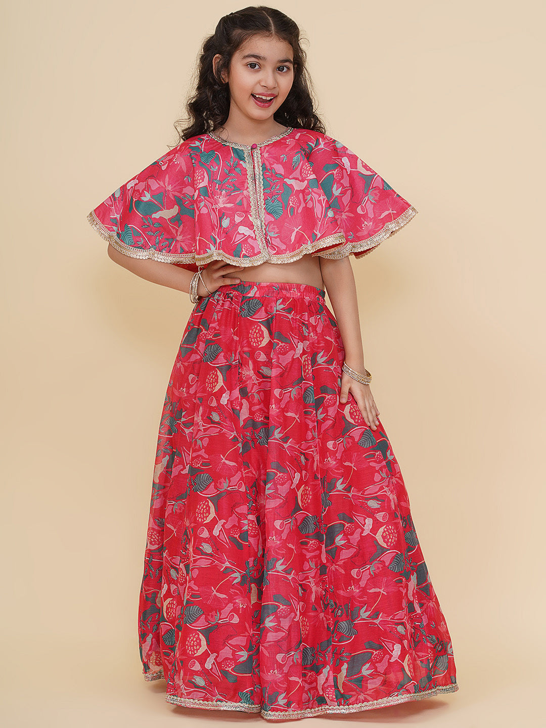 Bitiya by Bhama Girls Pink & Green Printed Choli Cape style Pink Ready to Wear Lehenga.