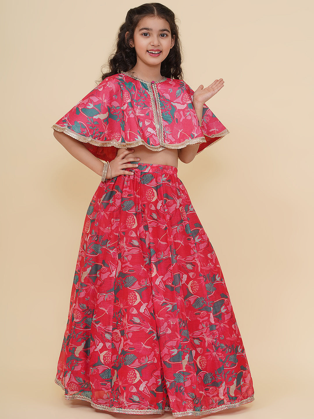 Bitiya by Bhama Girls Pink & Green Printed Choli Cape style Pink Ready to Wear Lehenga.
