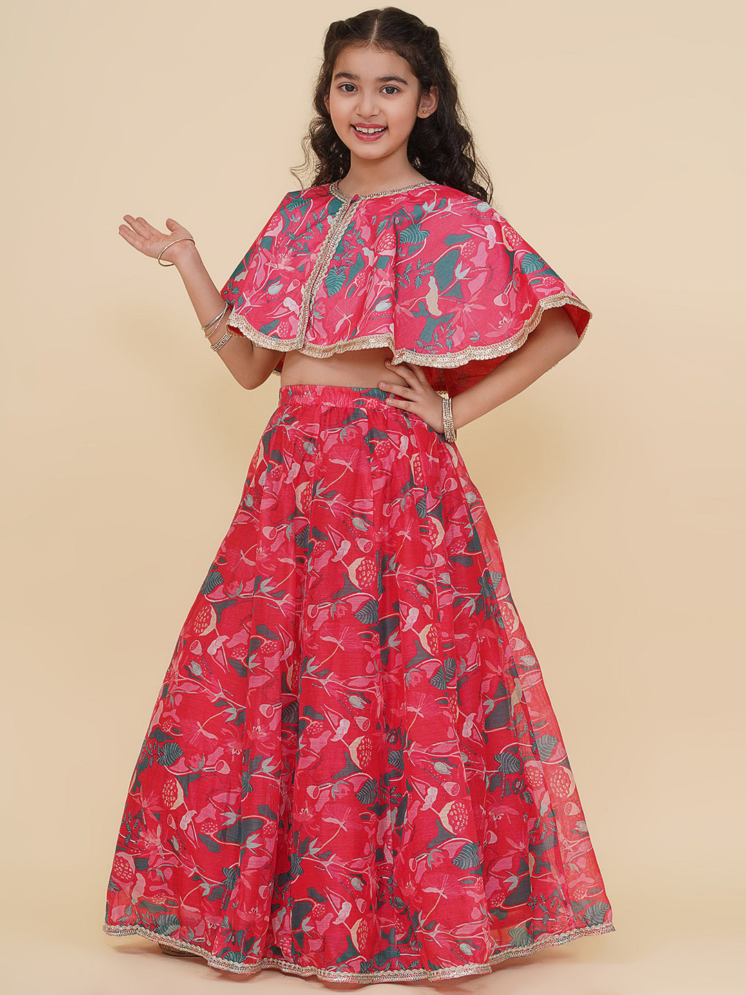 Bitiya by Bhama Girls Pink & Green Printed Choli Cape style Pink Ready to Wear Lehenga.