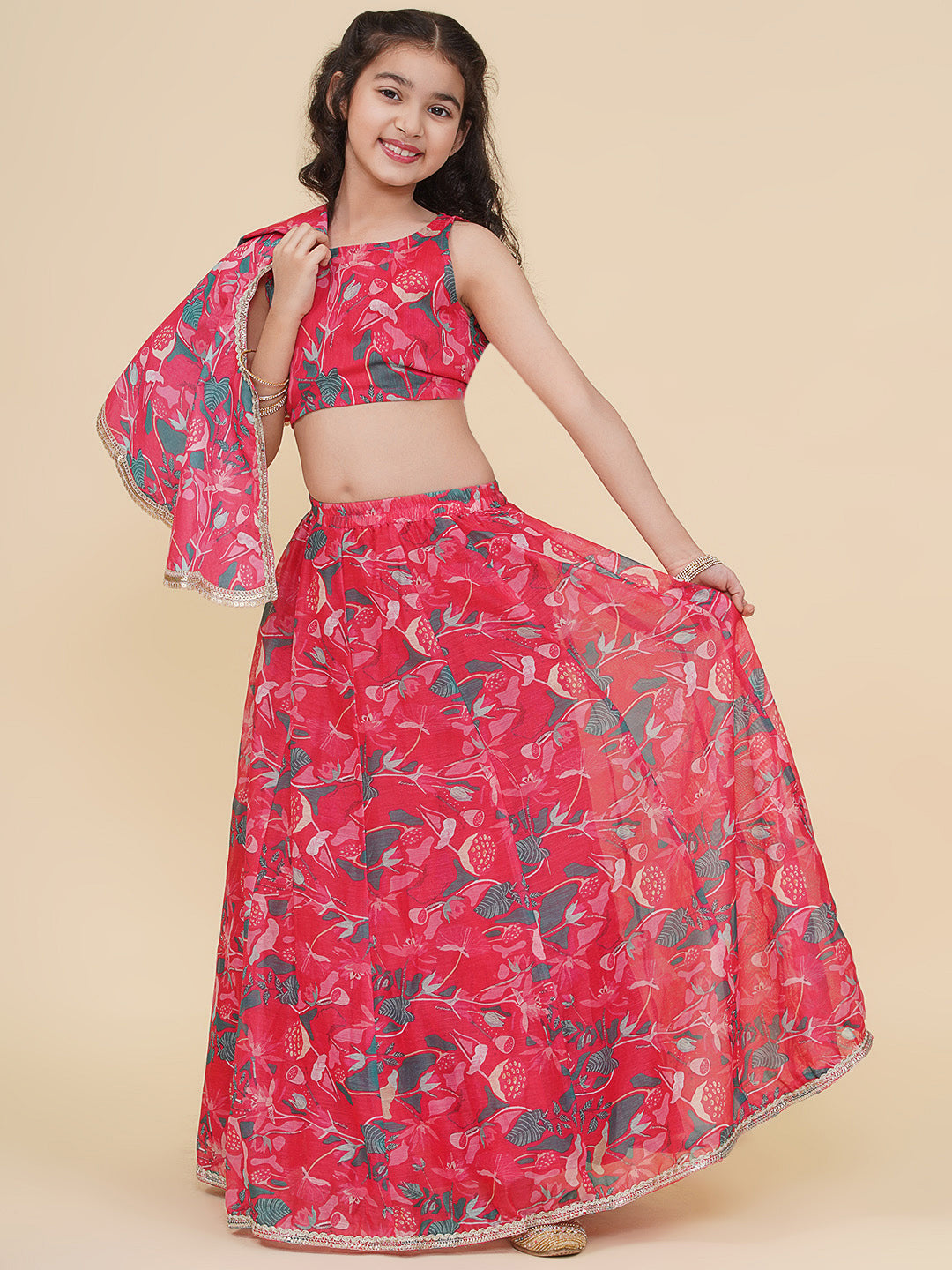 Bitiya by Bhama Girls Pink & Green Printed Choli Cape style Pink Ready to Wear Lehenga.