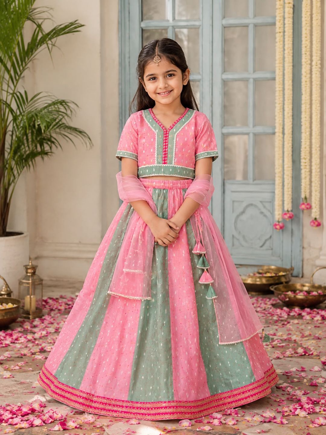 Bitiya by Bhama Girls Peach & Green Woven Design with Embroidered Patti Work Choli, Lehenga with Dupatta