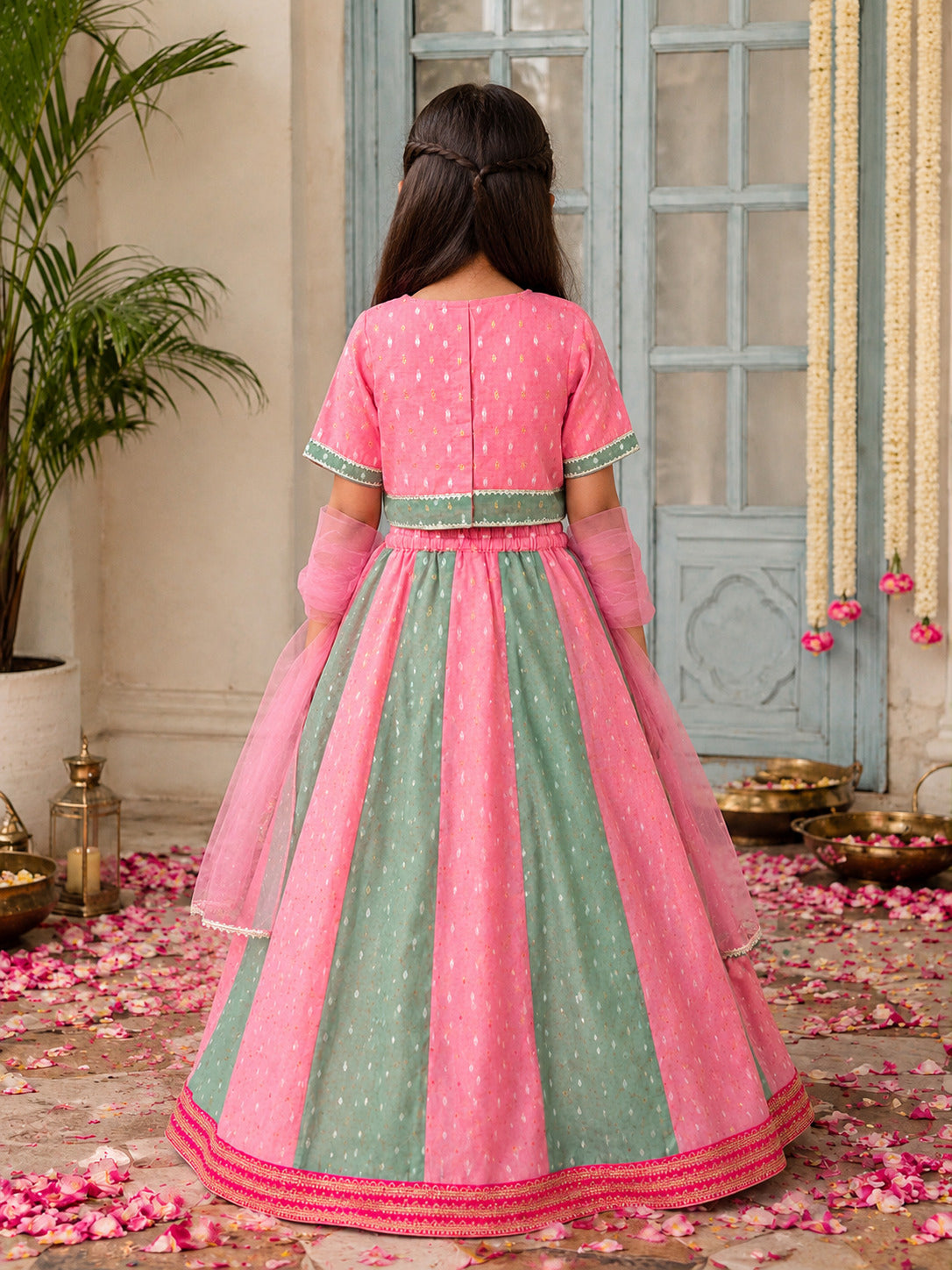 Bitiya by Bhama Girls Peach & Green Woven Design with Embroidered Patti Work Choli, Lehenga with Dupatta