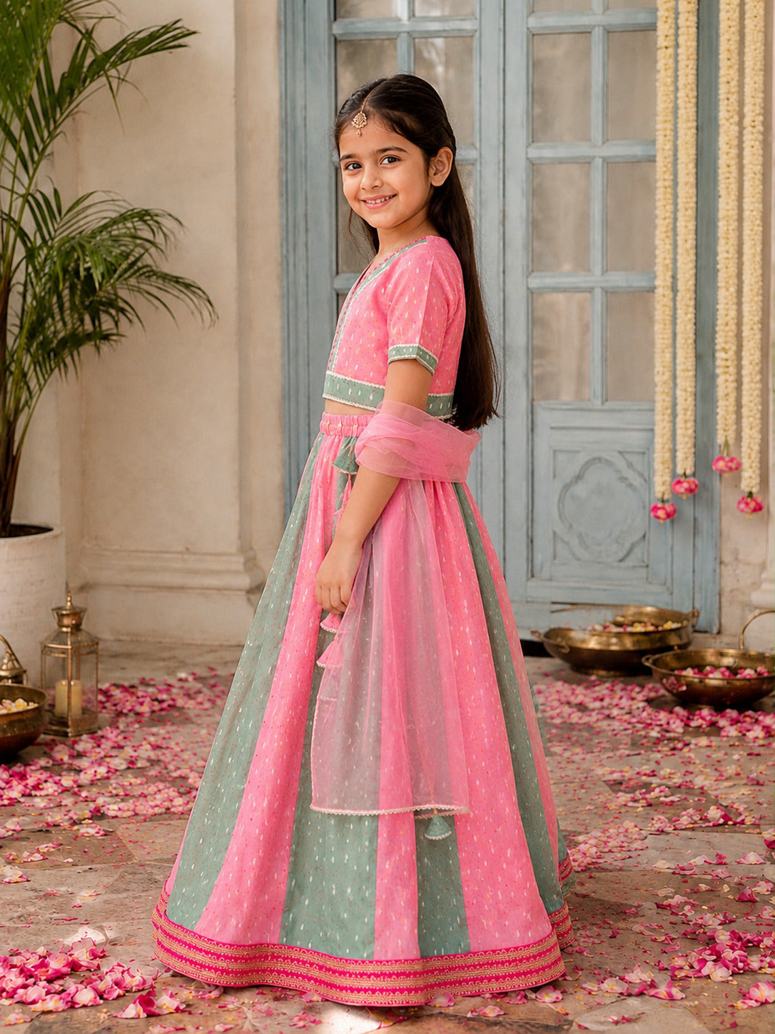Bitiya by Bhama Girls Peach & Green Woven Design with Embroidered Patti Work Choli, Lehenga with Dupatta