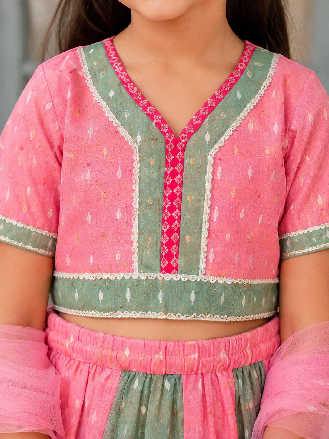 Bitiya by Bhama Girls Peach & Green Woven Design with Embroidered Patti Work Choli, Lehenga with Dupatta