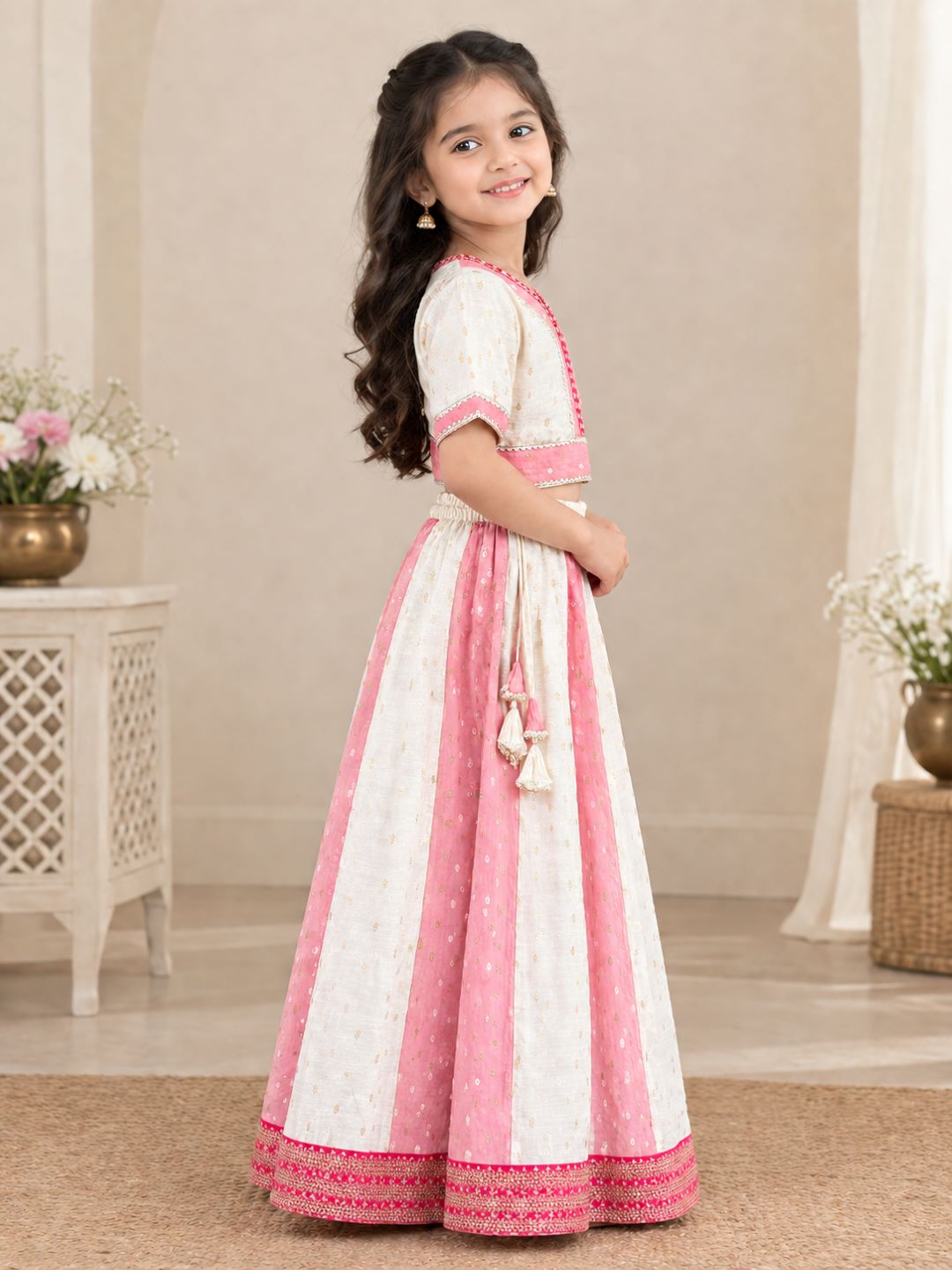 Bitiya Byy Bhama Girls Off White Embroidered Patti Work Choli Lehenga with Dupatta
