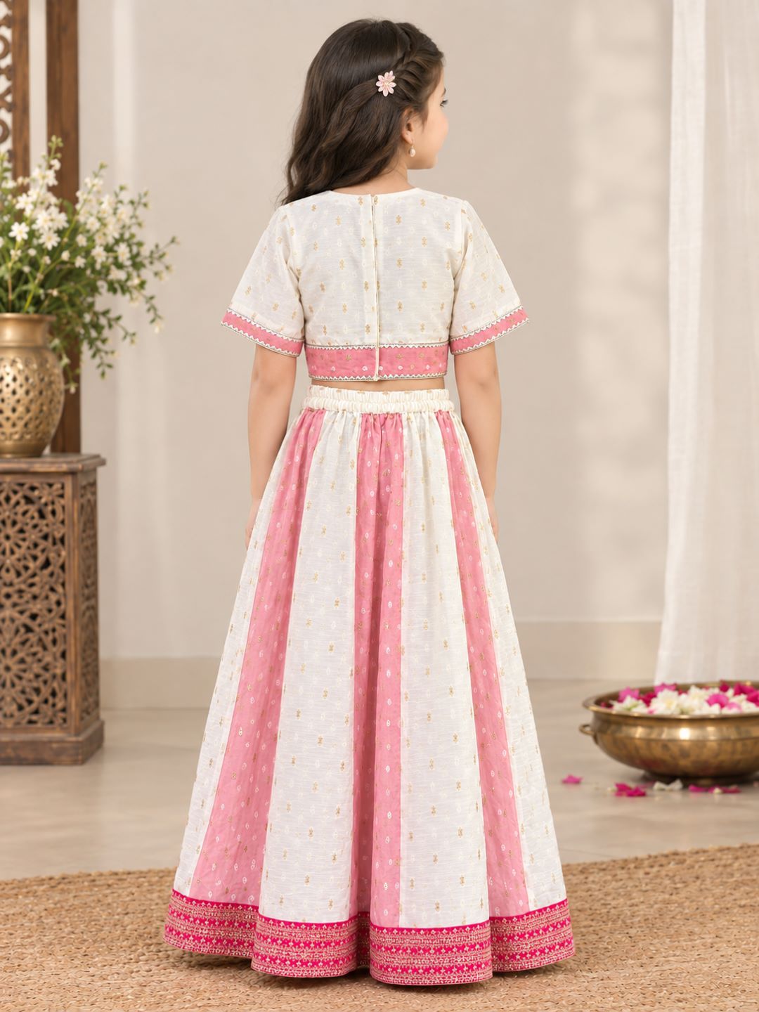 Bitiya Byy Bhama Girls Off White Embroidered Patti Work Choli Lehenga with Dupatta