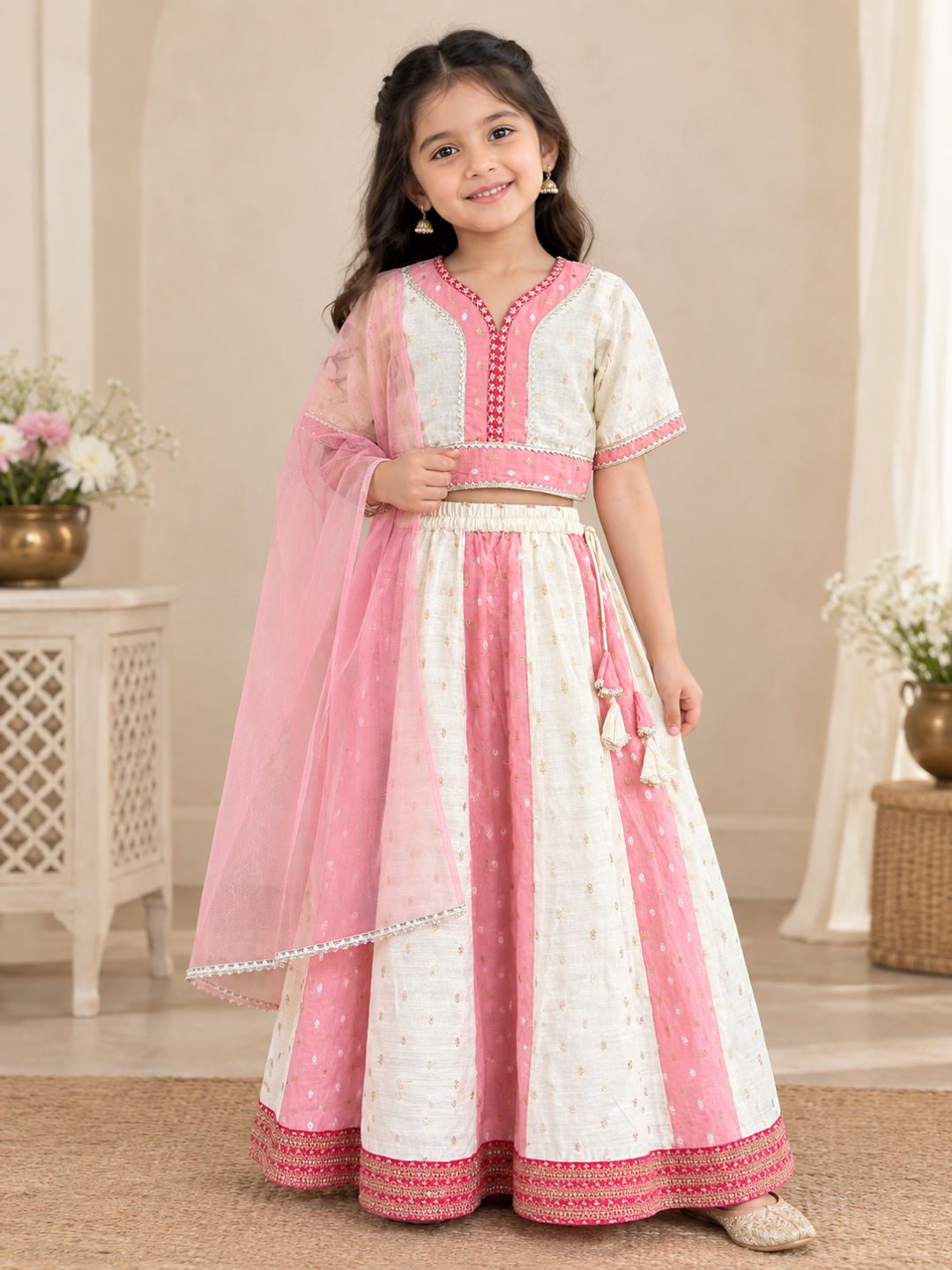 Bitiya Byy Bhama Girls Off White Embroidered Patti Work Choli Lehenga with Dupatta