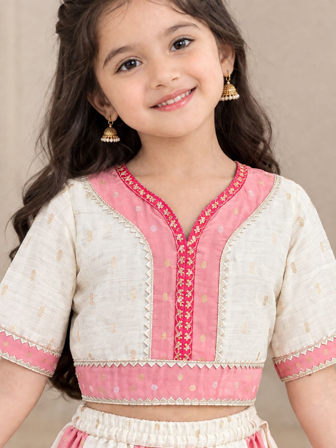Bitiya Byy Bhama Girls Off White Embroidered Patti Work Choli Lehenga with Dupatta
