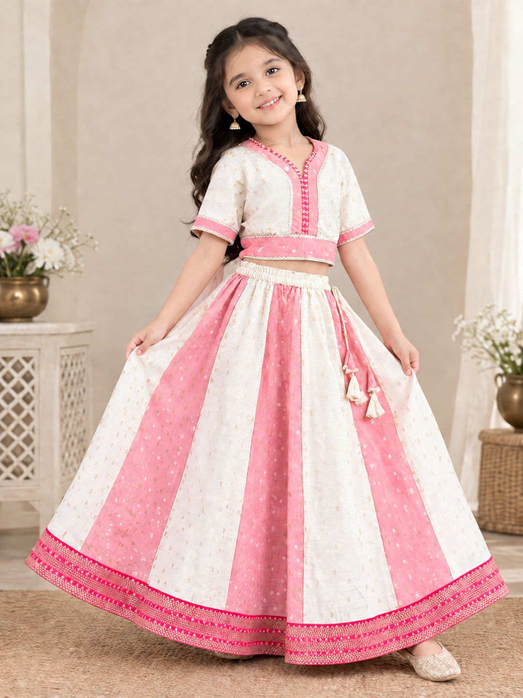 Bitiya Byy Bhama Girls Off White Embroidered Patti Work Choli Lehenga with Dupatta