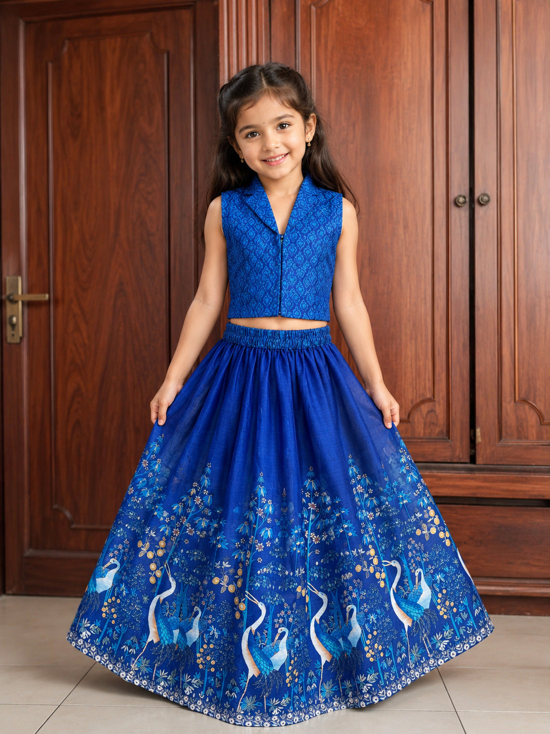 Bitiya by Bhama Girls Navy Blue Digital Printed Ready to wear Lehenga with Choli