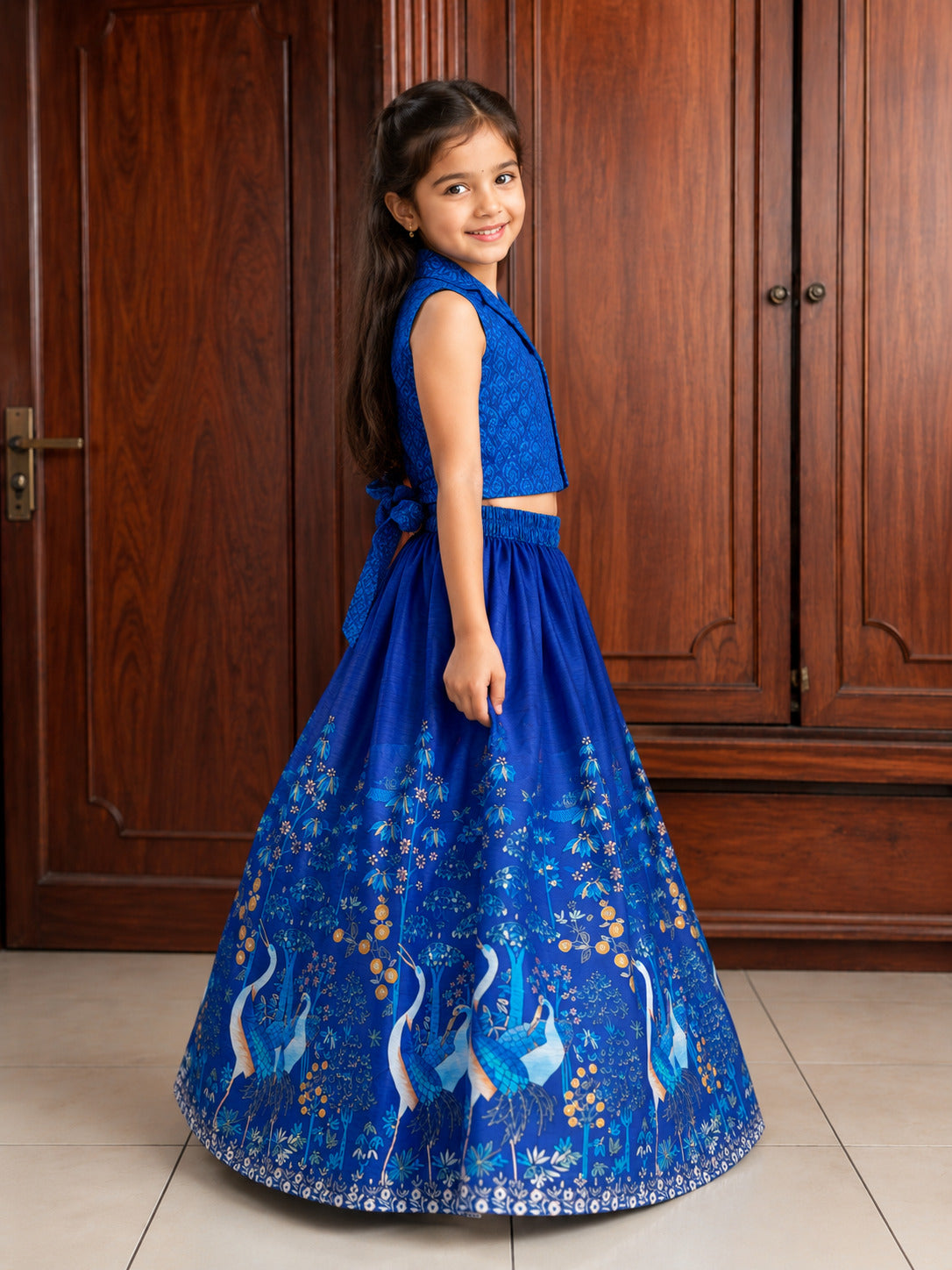 Bitiya by Bhama Girls Navy Blue Digital Printed Ready to wear Lehenga with Choli